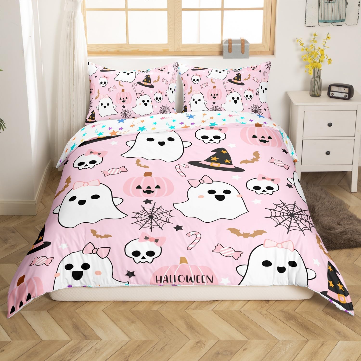 Feelyou Cute Halloween Pink Full Size Bedding Set Decoration Toddlers Teens Adults Pumpkin Ghost Kawaii Duvet Cover Set Kids Autumn Happy Comforter Cover Pink Quilt Cover Soft and Lightweight