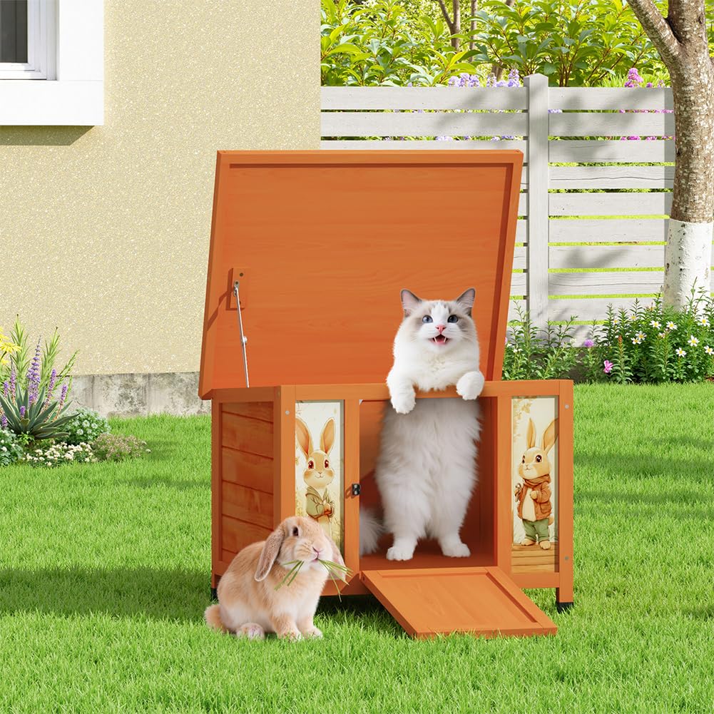 COZIWOW 24 Inch Rabbit Hutch Outdoor, Weatherproof Cat House, Bunny Cage Indoor with Non-Slip Ramp, Portable Wooden Shelter for Rabbits, Feral Cats, Chicken, Duck & Other Small Animals (Orange)​ - image 8