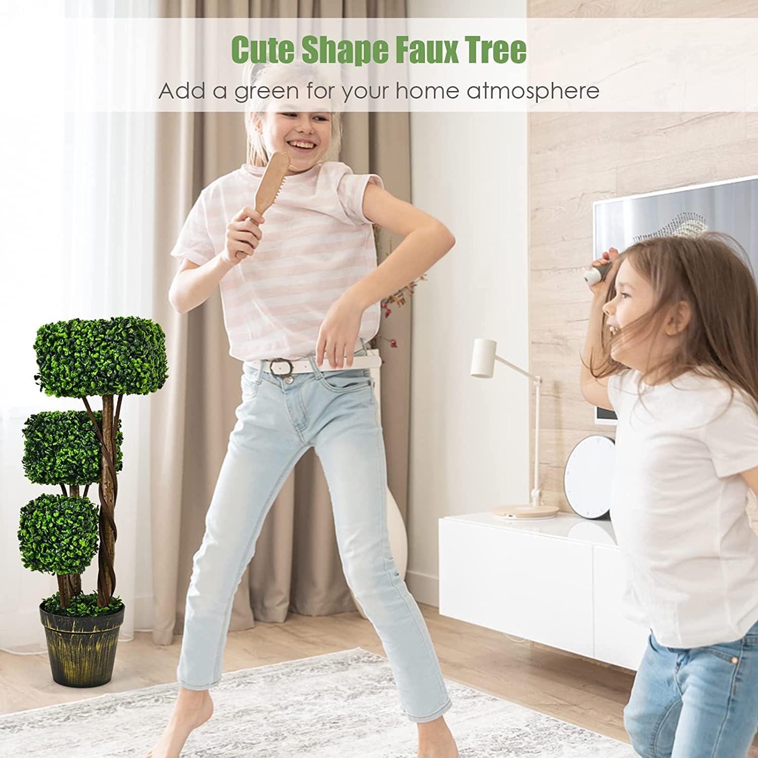 Goplus 36” 2 Pack Artificial Triple Square Shaped Boxwood Topiary Tree W/Cement-Filled Plastic Pot, Fake Plant Faux Greenery Plant Indoor & Outdoor Decoration for Home Office Garden Patio Entrance