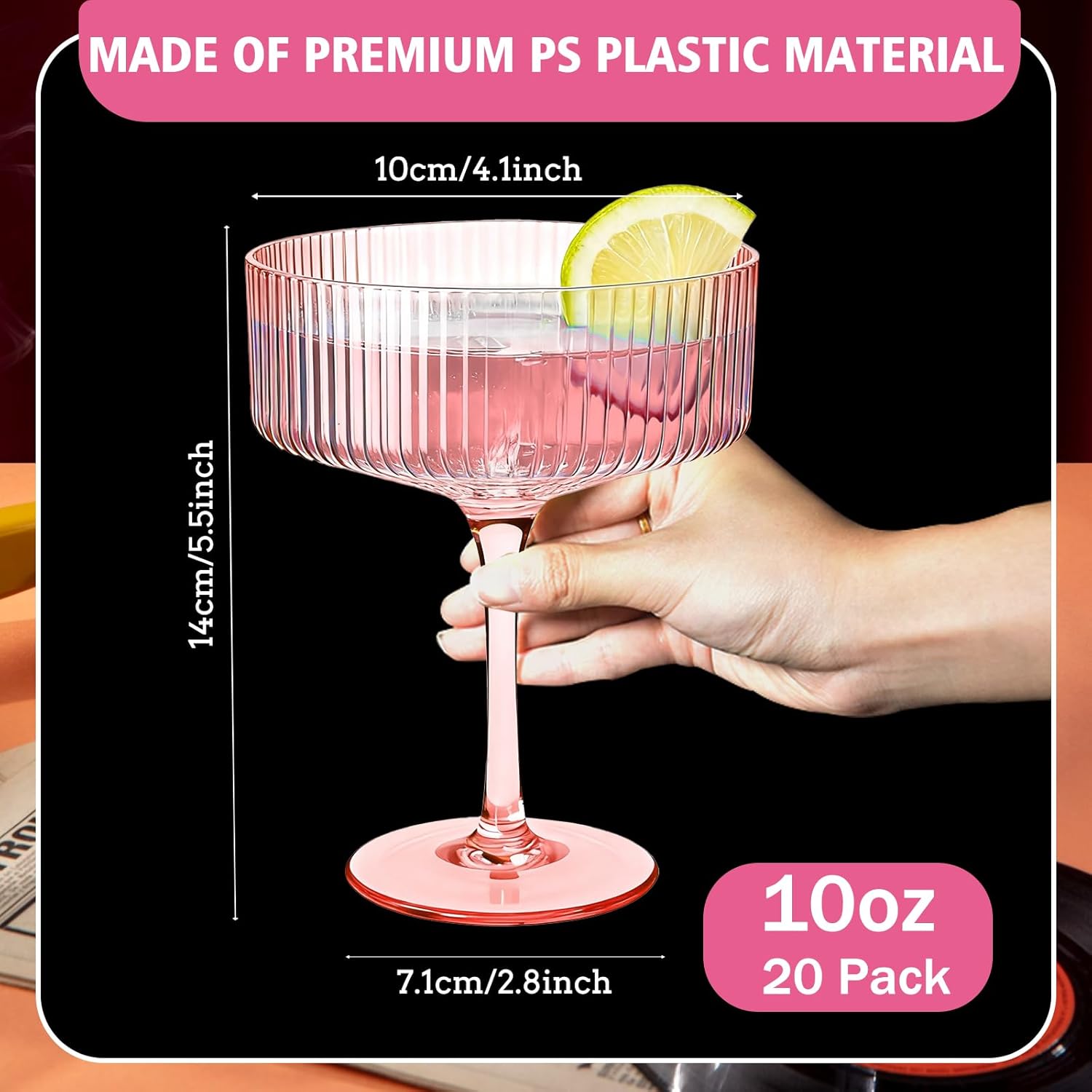10OZ Plastic Martini Glasses, Set Of 20 - Shatterproof&Reusable Cocktail Glasses With Classic Design, Perfect For Home Use, Weddings, Valentine's Day, Ideal For Martini Pink