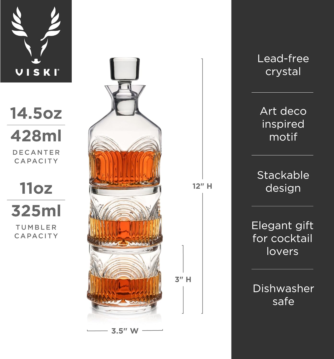 Viski Beau Stacking Decanter Set with Lowball Glasses - Crystal Decanter and Glasses for Whiskey - Art Deco Cocktail Glasses Whiskey Decanter Set of 3