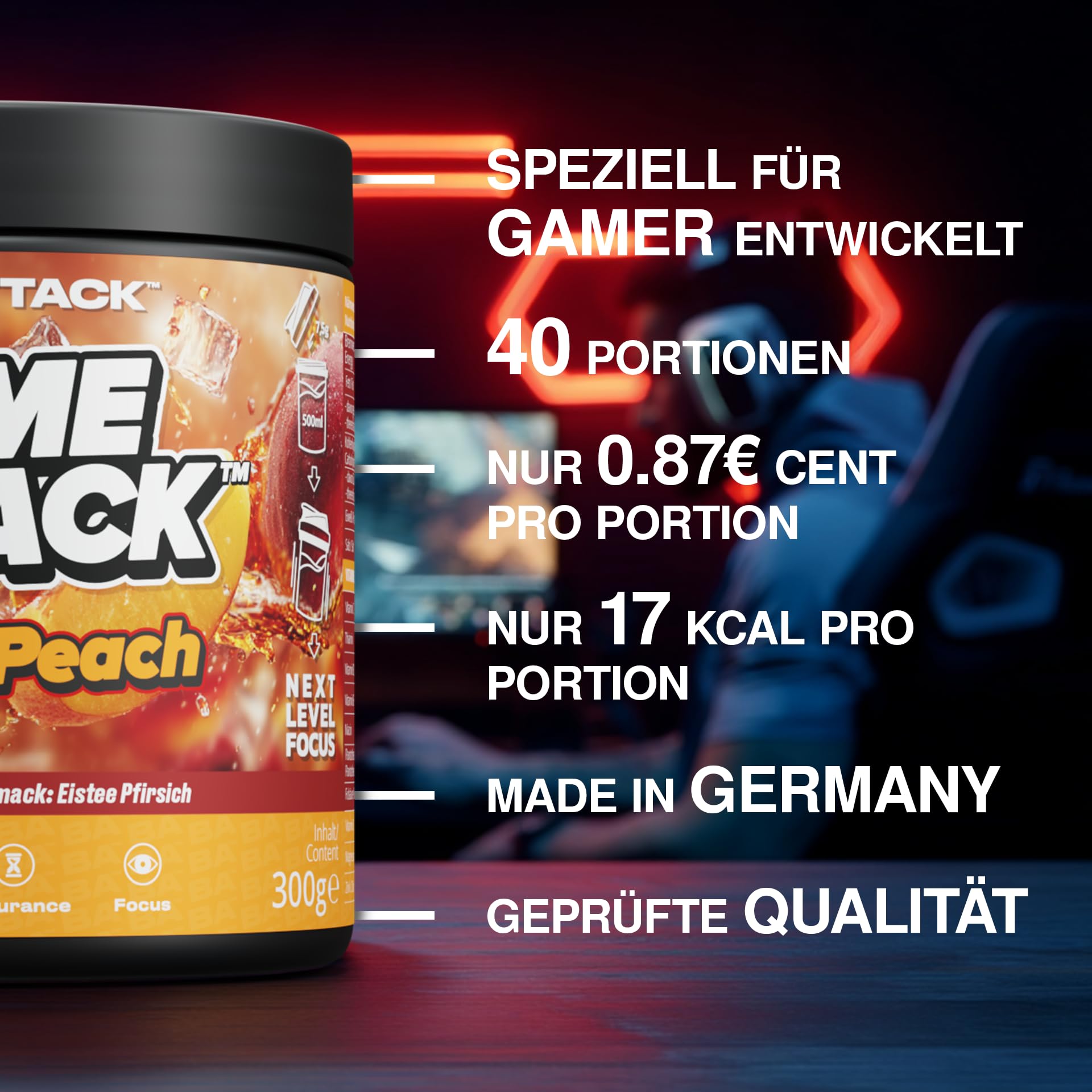 GAME ATTACK Gaming Booster - Ice Tea Peach - 300 g (40 Portionen) - Energy Drink Pulver für Fokus & Energie - 17 kcal/Portion - 18 Zutaten - geprüfte Qualität - Made in Germany