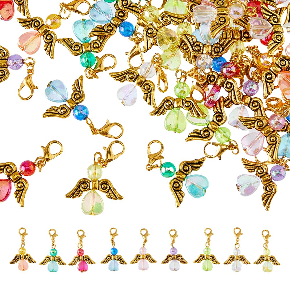 SUPERFINDINGS36Pcs 9Colors Acrylic Dangle Charms Clip on Charms with Zinc Alloy Lobster Claw Clasps Angel Wing Charm Heart Beads Pendant Fairy Dangle Pendants for Jewelry Making