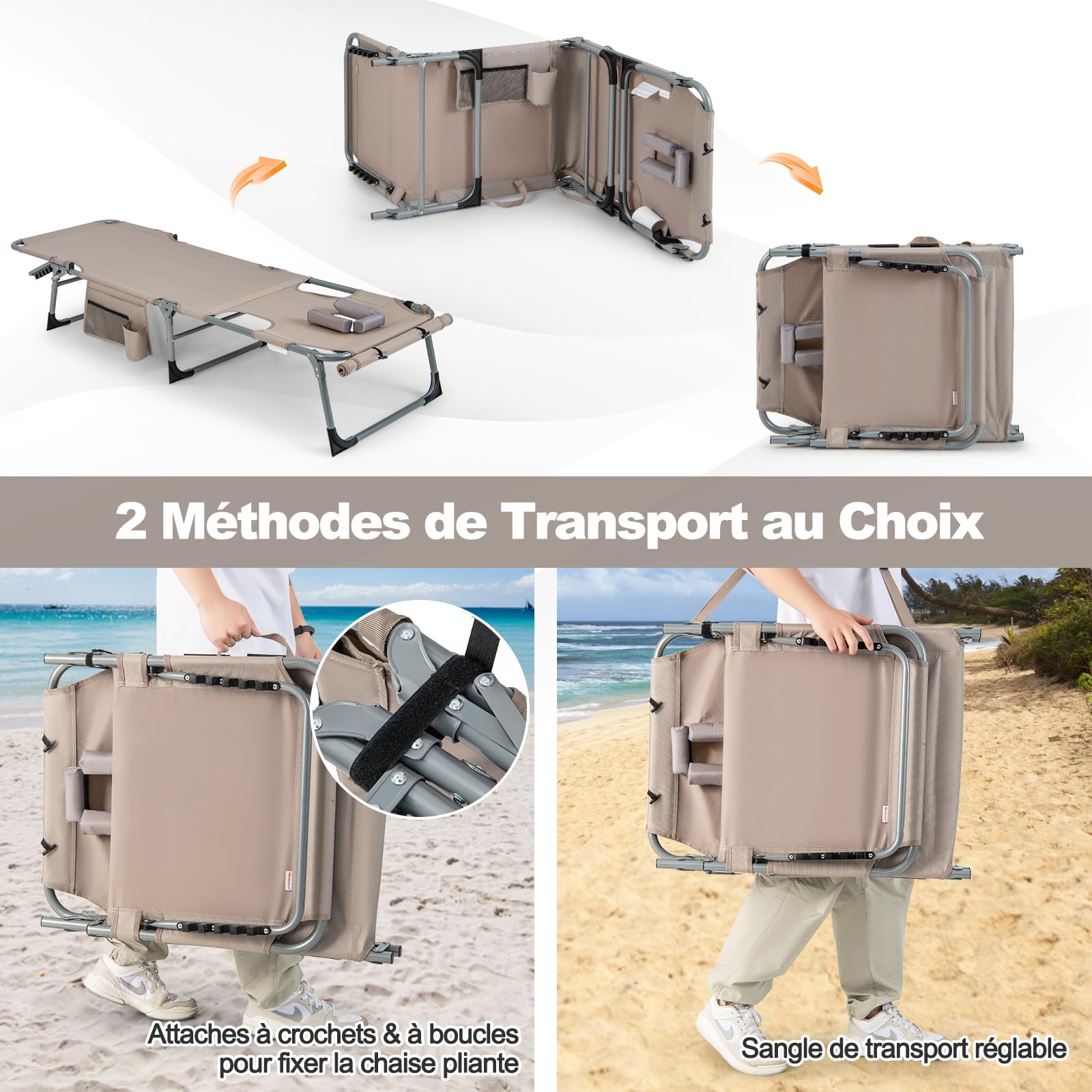 GIANTEX Chaise Longue Jardin Exterieur Pliante, Trous pour Visage et Bra, Transat Jardin Exterieur, Oreiller, Poche Latérale, Bandoulière, Poignée, Dossier Réglable à 5 Positions, pour Piscine, Sable