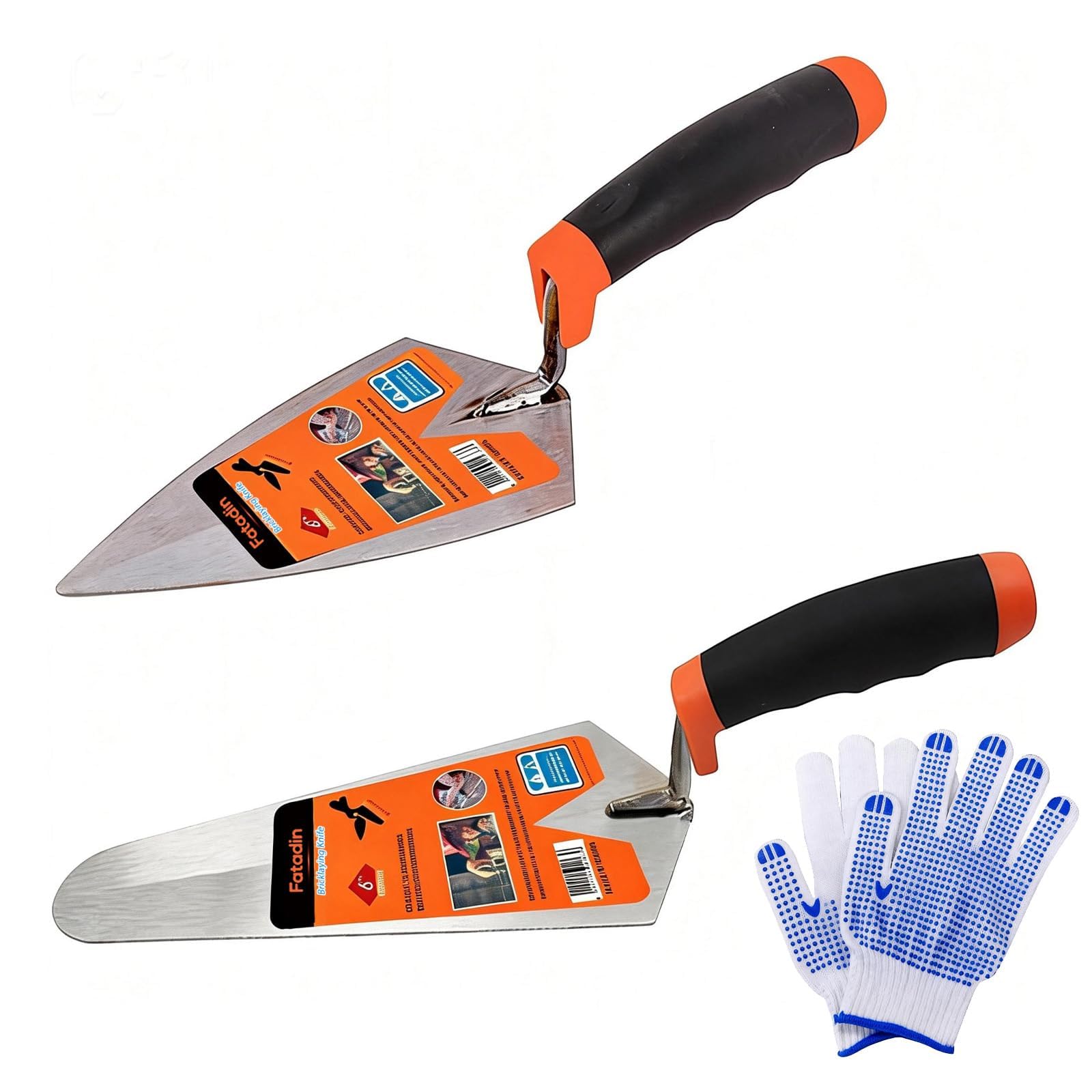 2 Pcs 6" Concrete Trowel, Carbon Steel Concrete Masonry Tools Set, Pointing & Gauging Masonry Hand Trowels with Soft Grip Handle Cement Trowel, Work Gloves Included