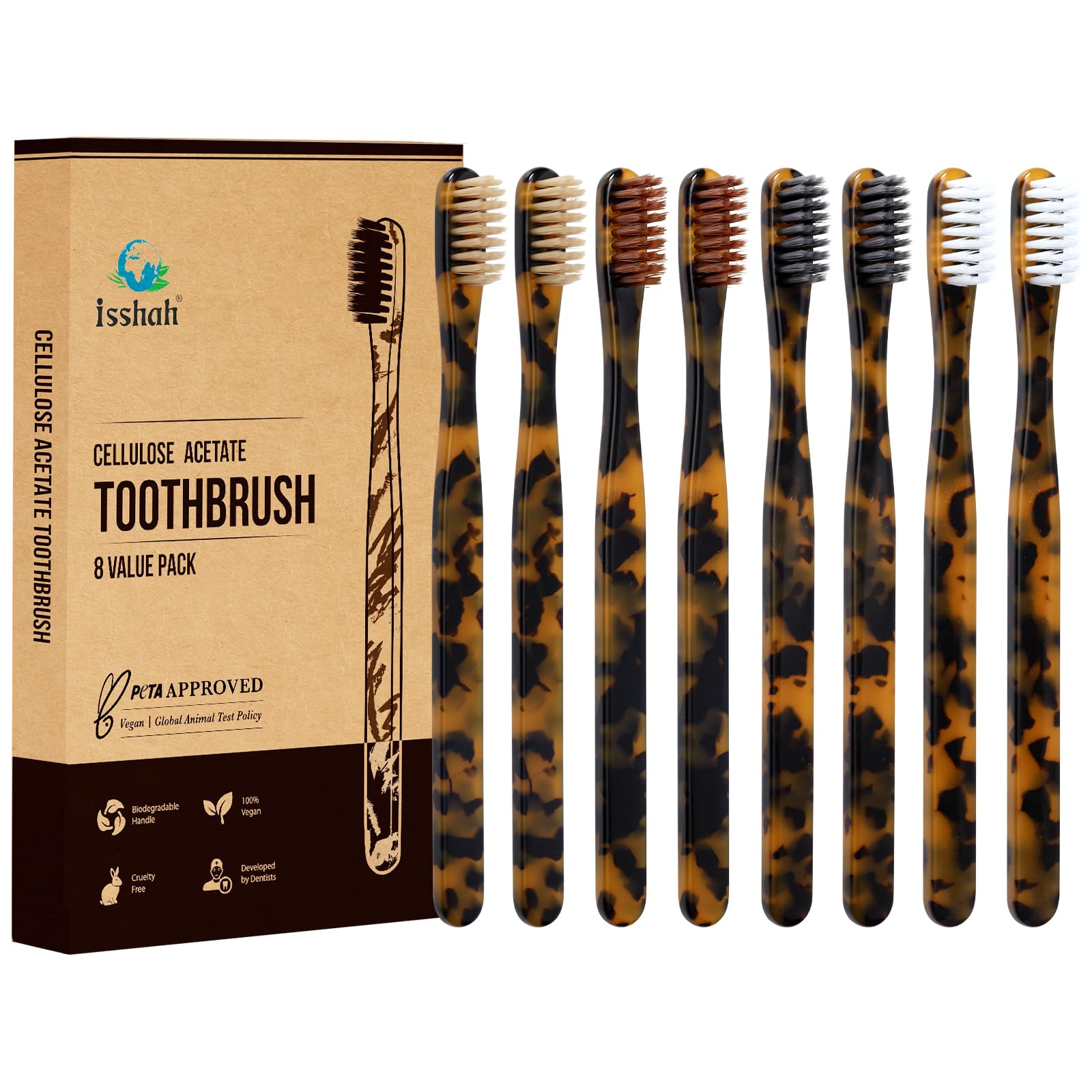 Isshah Cepillos de dientes biodegradables y ecológicos de acetato de celulosa, 8 unidades