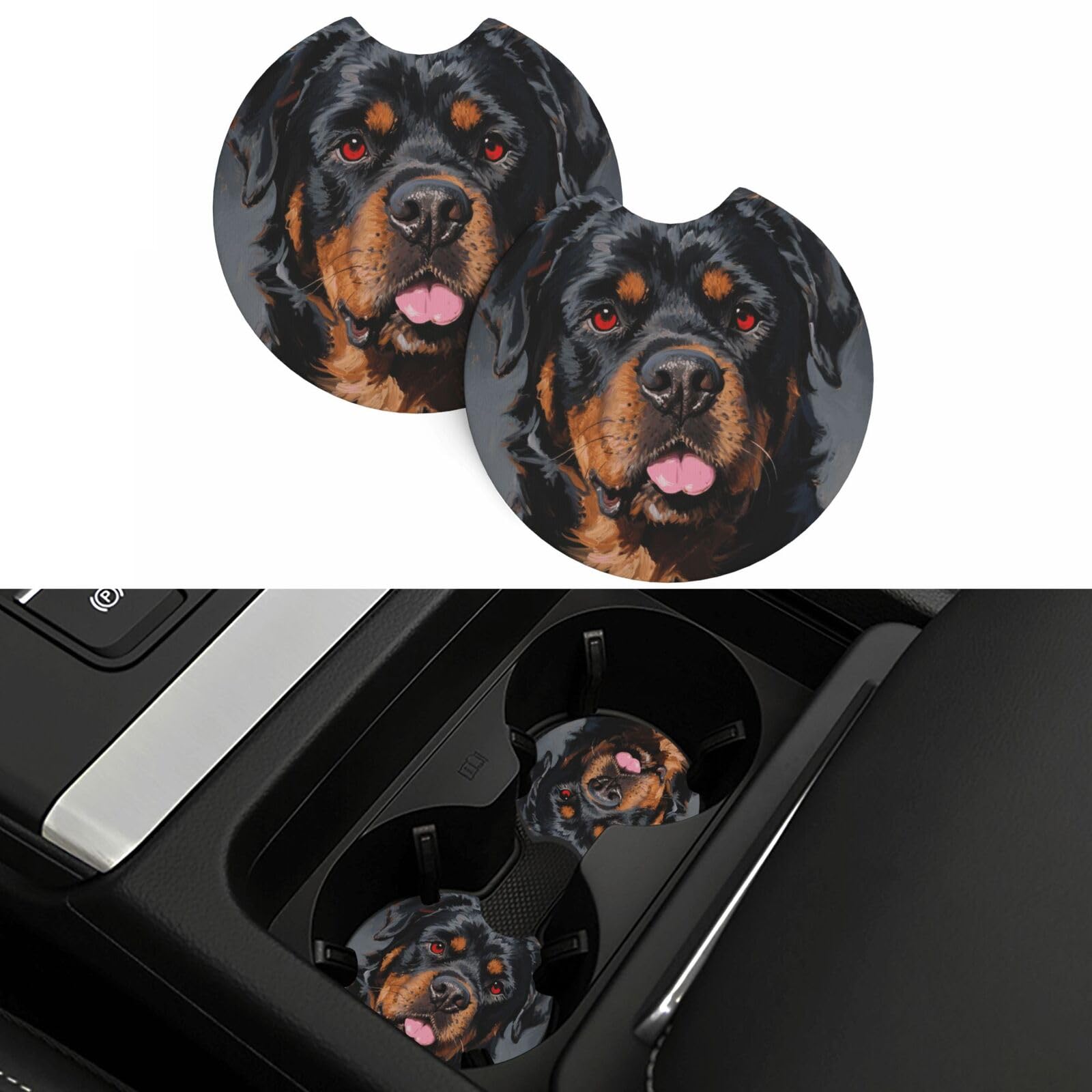 2 Pack Car Coasters,2.7" Universal Car Cup Holder Coasters Non-Slip Neoprene Cup Pad Mat Coaster Car Interior Accessories for Women Men Cool Rottweiler Dog Art