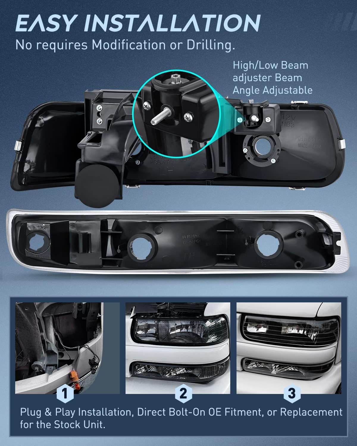Nilight Headlight Assembly for 1999 2000 2001 2002 Chevy Silverado Avalanche 1500 1500HD 2500 2500HD 3500 Chevrolet Tahoe Suburban Replacement Headlamp Housing Bumper Lights Set