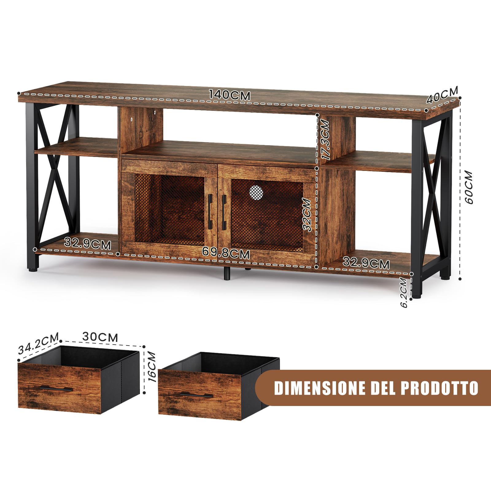 Mobile TV, Mobile Porta TV in Stile Industriale, Mobiletto TV in Legno da 140 cm Con due Mobili, per TV da 45/50/55 Pollici, per Soggiorno, Sala da Pranzo e Camera da Letto