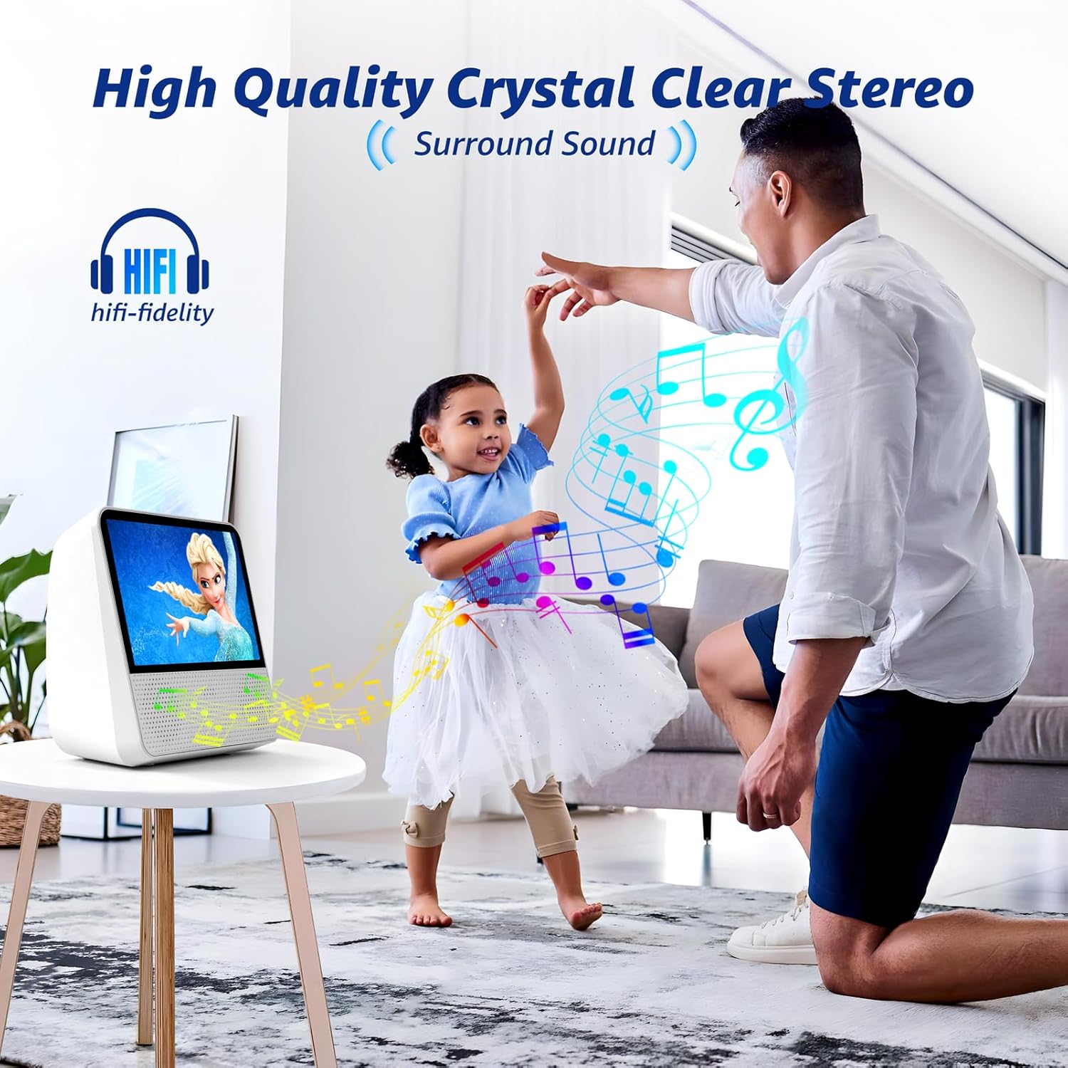 A father and daughter dancing in a living room while the portable DVD player plays music, emphasizing its Hi-Fi stereo sound quality.