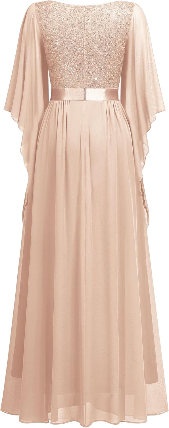 Miusol Women's Deep-V Neck Lace Contrast Sequin 3/4 Sleeve Formal Evening Maxi Dress - Image 5