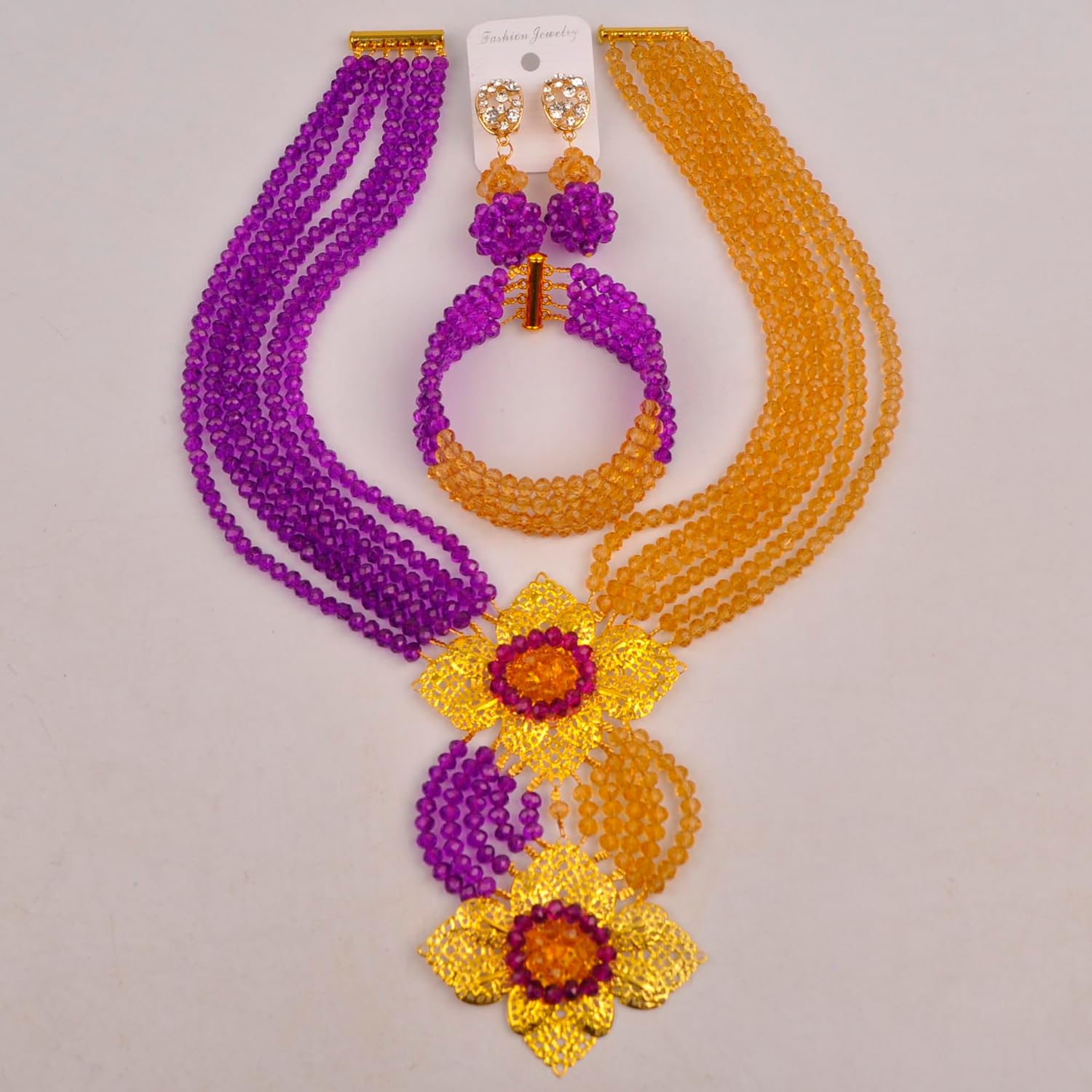 Fashion African Bead Necklace Nigerian Beads Wedding Jewelry Sets for Women (Purple Champagne Gold)