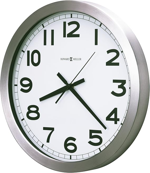 Howard Miller Spokane Modern Wall Clock Brushed Aluminum Frame, White Dial, Silent Quartz Movement, Battery Operated, Bold Black Numerals