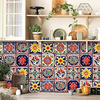 Pegatinas for azulejos de cocina y baño, diseño de flores rojas y amarillas, autoadhesivas, for pared, decoración del hogar, bricolaje, resistentes al agua y al aceite.(24 Pcs/15x15cm)