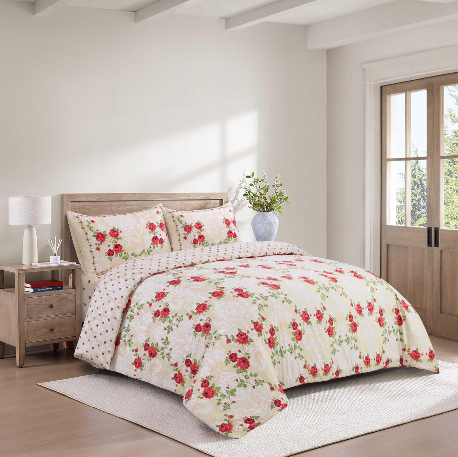 BOSKI LONDON Luxury 4 Piece Bedding Set | Duvet Cover, Fitted Sheet & Pillowcases Microfiber Quilt Cover Sets Wrinkle-Free Single Double King Super King (Christy Red, DOUBLE)