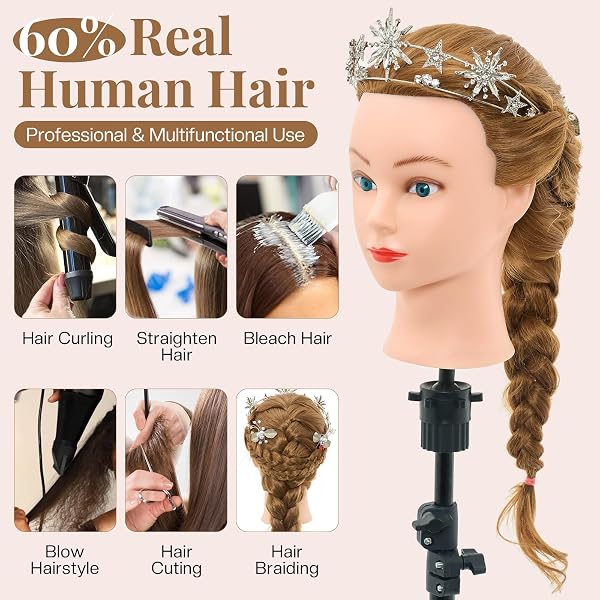 Neverland Beauty 71cm Frisierkopf 60% Echthaar Trainingsköpfe - Übungskopf für Friseure Puppenkopf zum Frisieren Frisurenkopf mit Tischklammer + Haar Styling Set(Blond) - 3