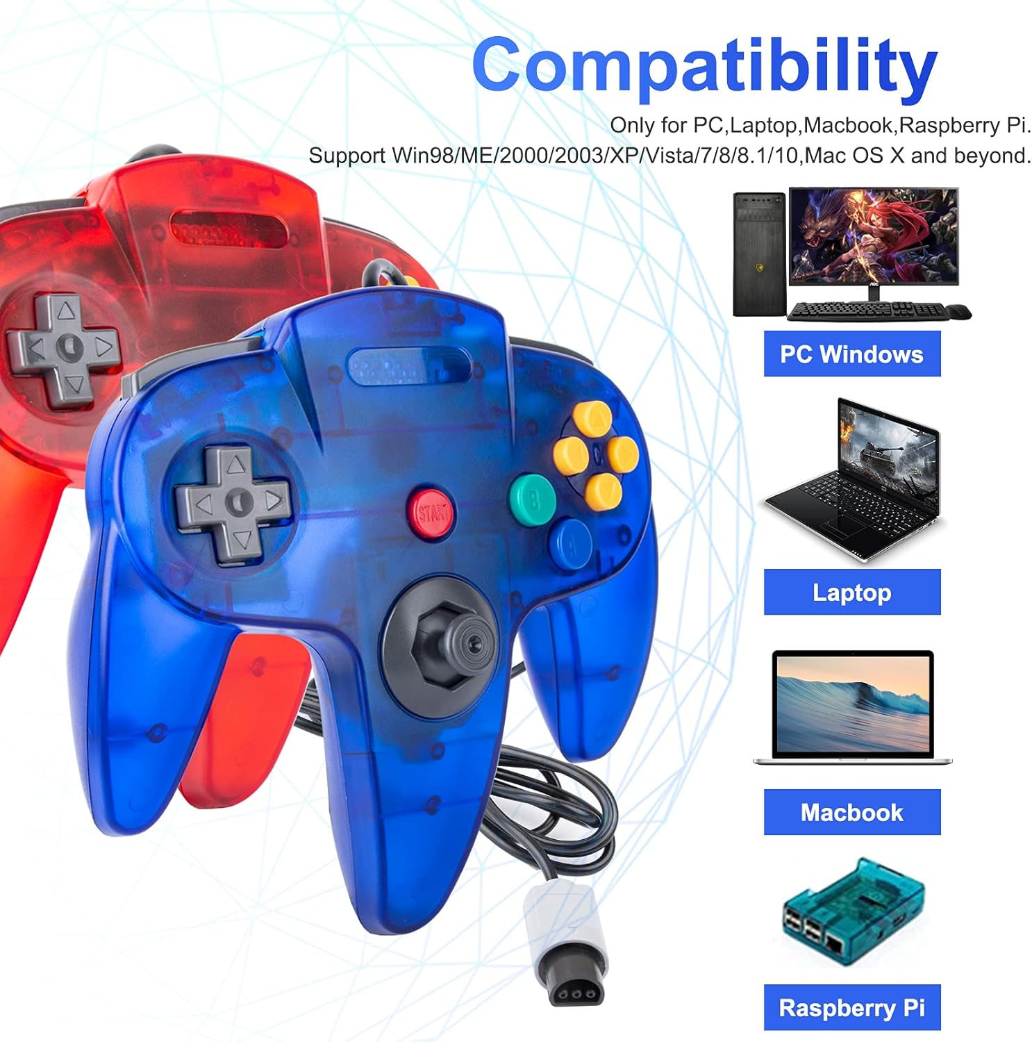 2 Pack Classic N64 Controllers, Retro Wired N64 64-bit Gamepad Joystick for Ultra 64 Video Game Console N64 System (Transparent Blue+Red)