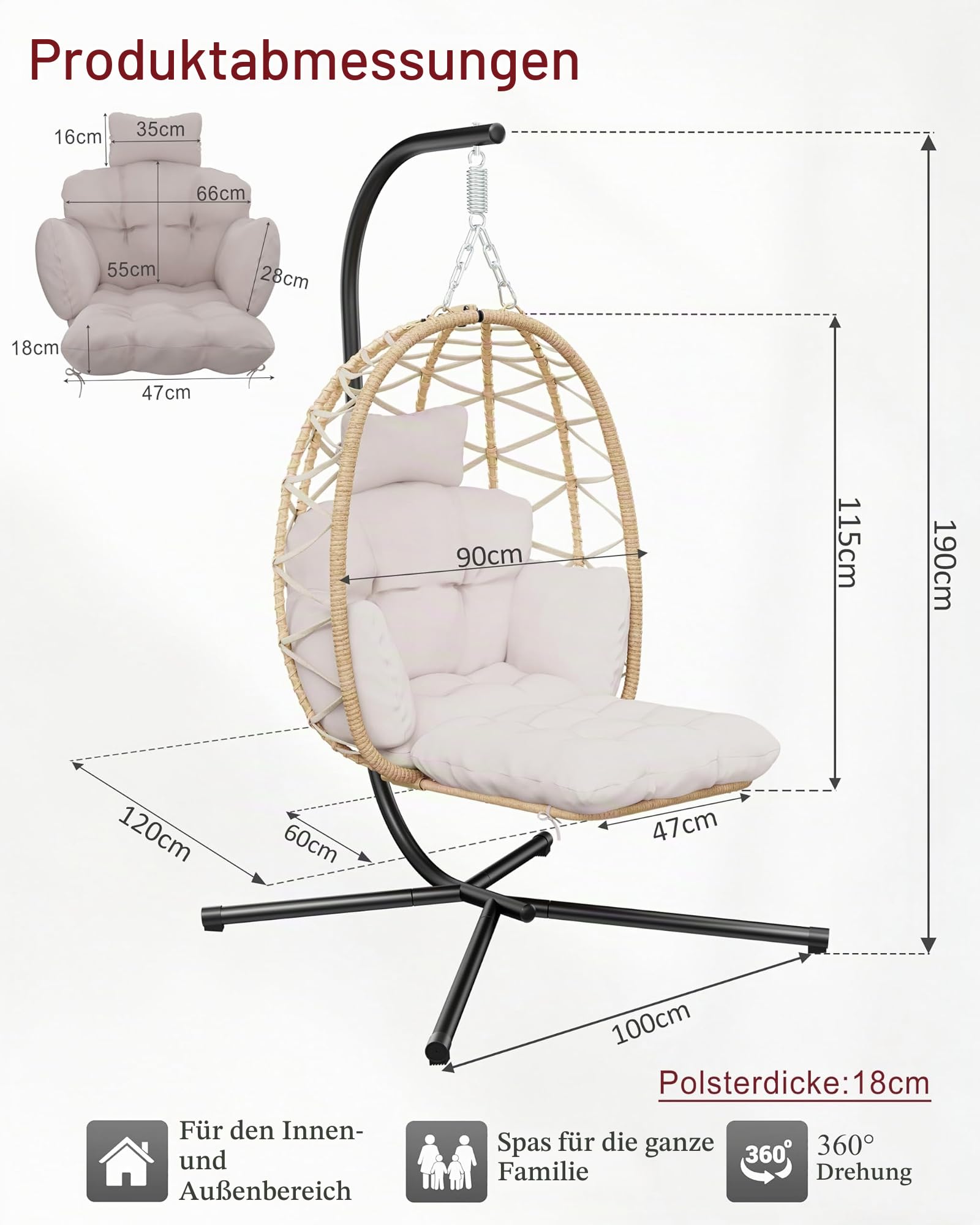 Hängesessel mit Gestell Fußstütze, Hängekorb Sessel, Hängestuhl Rattan Outdoor und Indoor, Hängeschaukel, Egg Chair für Garten, Terasse, Kinderzimmer, Leseecke, bis 150kg
