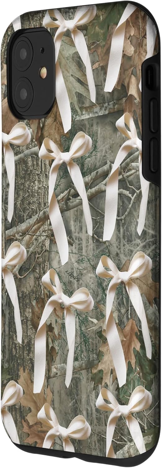 Aesthetic Camo White Bow And Ribbon Hunting Girl Women Case for iPhone 11