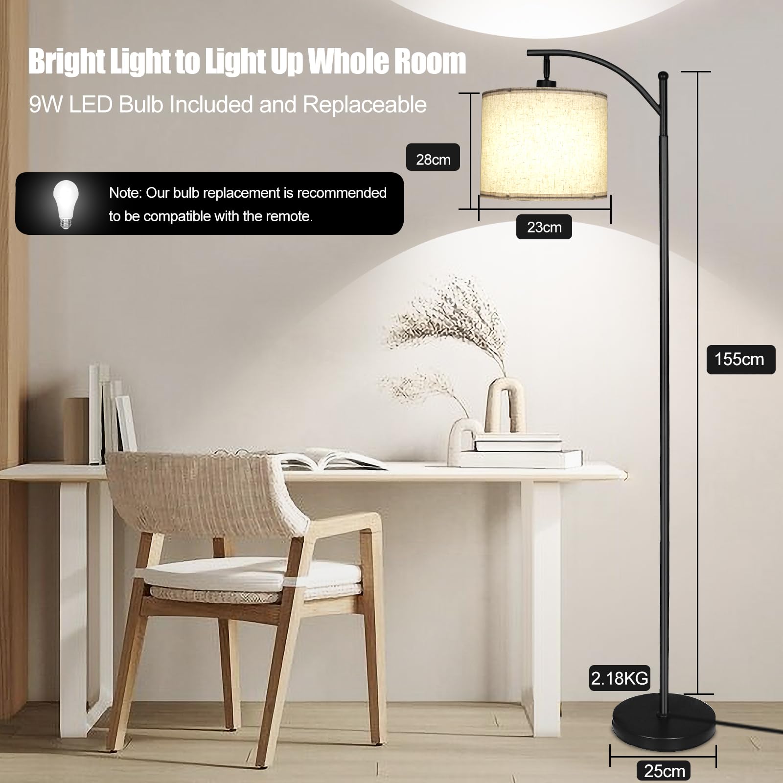 marctronic Lampada da Terra con Telecomando, LED Piantana 12 temperature di colore 9W E27 Luminosità Continua,Lampade da Pavimento con Lampadina Dimmerabile da per Soggiorno,Camera da Letto,Ufficio