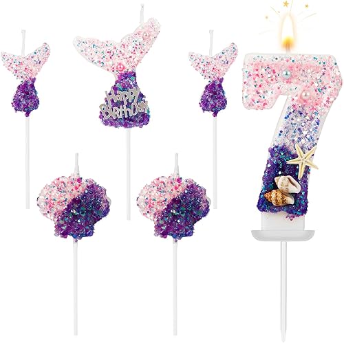 Velas de números de sirena, 6 piezas de centros de mesa de sirena, velas de números de lentejuelas para fiesta de cumpleaños, velas de cumpleaños