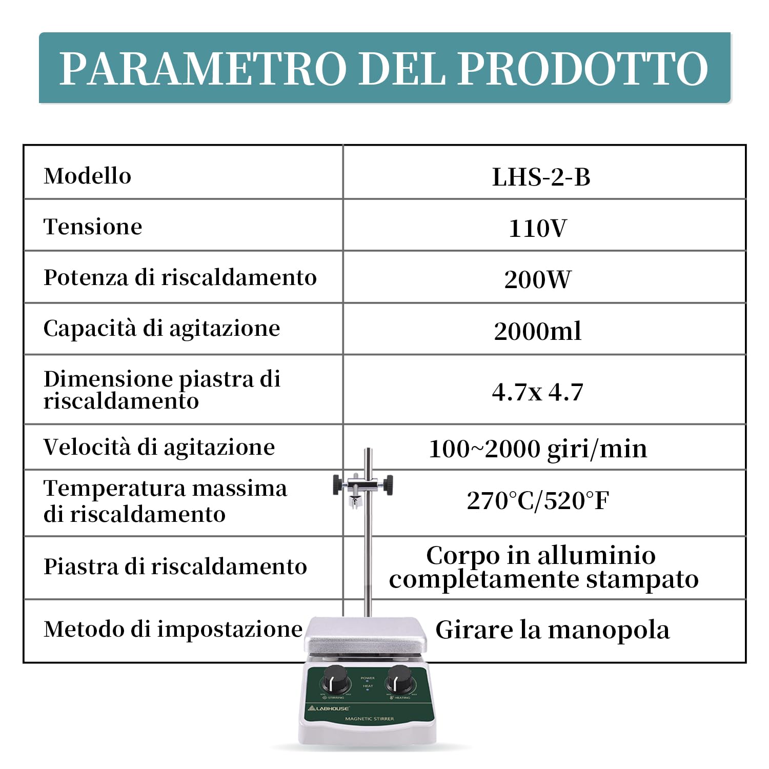 LHS-2 Agitatore Magnetico Piastra Riscaldante, 300°C, 2000RPM, 2L | Piastra fino a 300°C, 4 barre PTFE e recuperatore, supporto, variabile, per riscaldamento e miscelazione