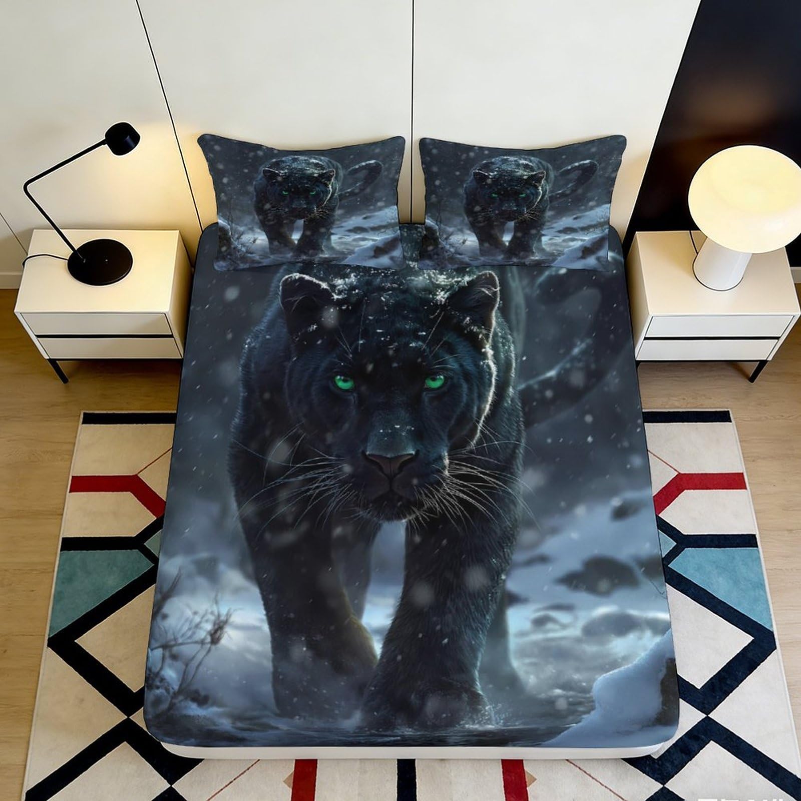 3D Printed Panther Pattern Fitted Sheet Microfiber Deep Pocket Non-Slip Bedroom Bedding Panther Mattress Fitted Cover for Adults Teens 180x200x25cm