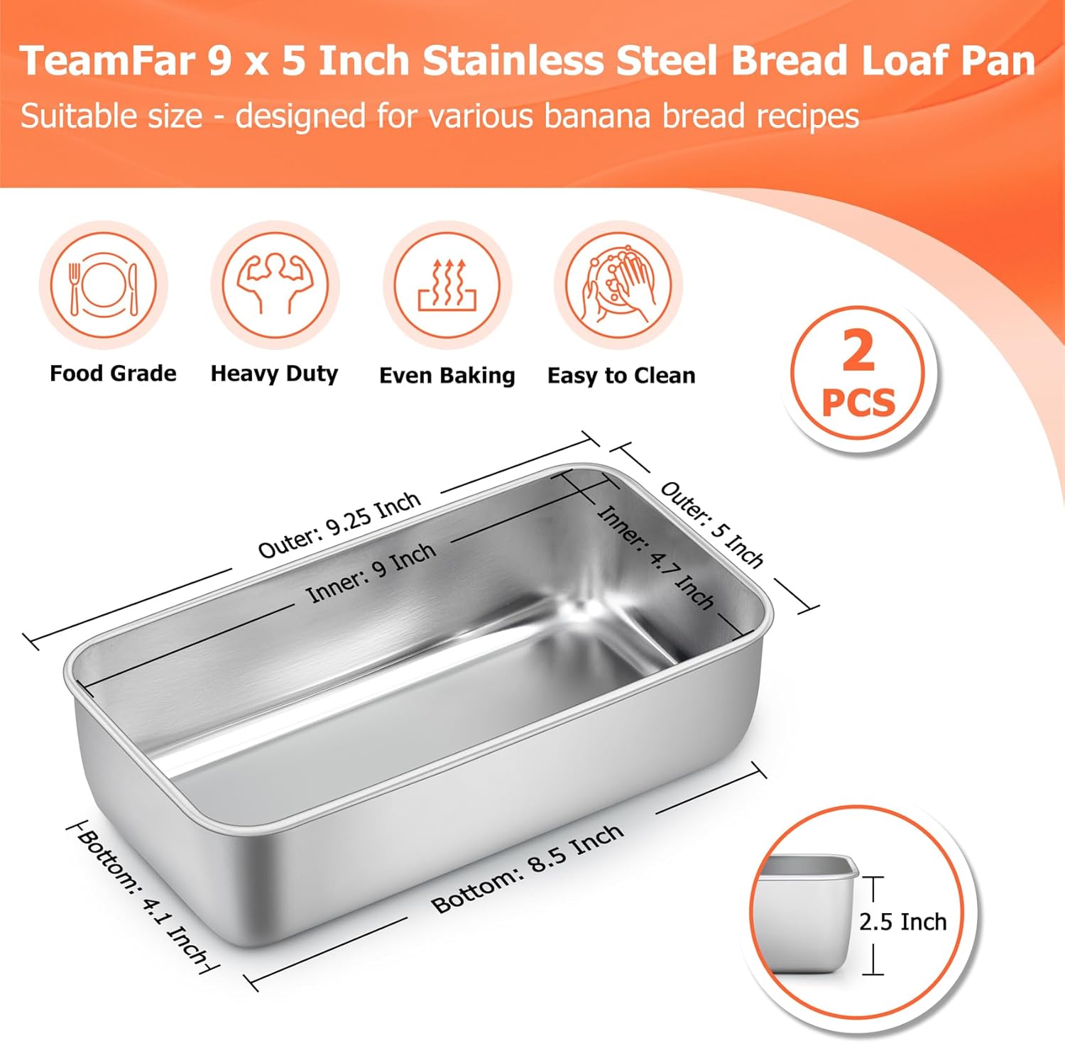 TeamFar Loaf Pans for Baking Bread, 9 × 5 Inch Stainless Steel Loaf Bread Pans Tins for Homemade Brownies, Healthy & Sturdy, Oven & Dishwasher Safe - Set of 2 - Image 2