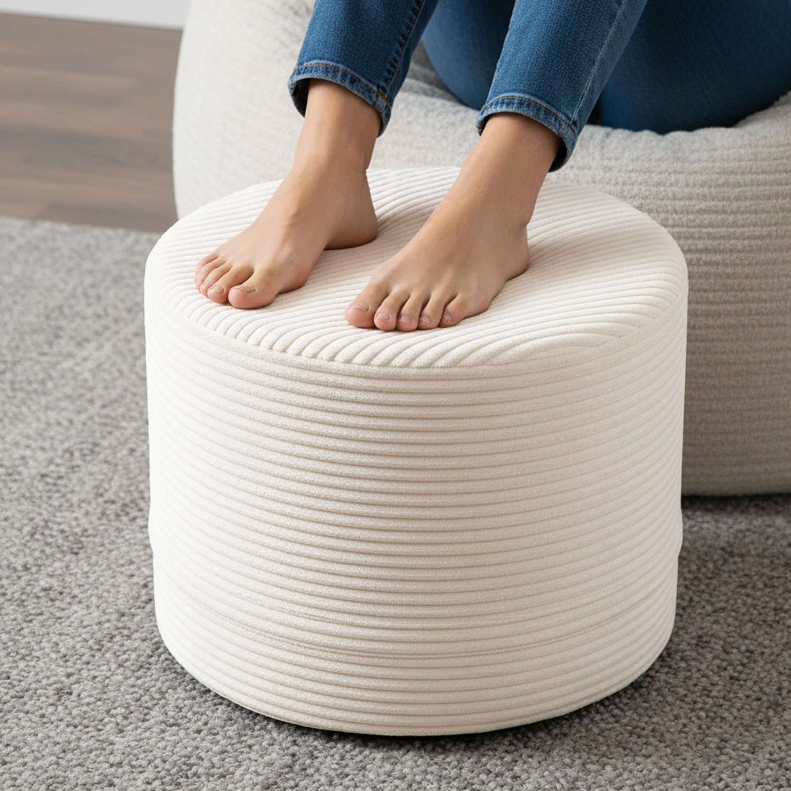 LITA Stuffed Round Pouf Ottoman, Foot Stool with Washable Cover and One-Piece Foam for Couch, Furry and Fluffy Foot Rest Bean Bag for Living Room, Bedroom, Velvet Beige-image-25
