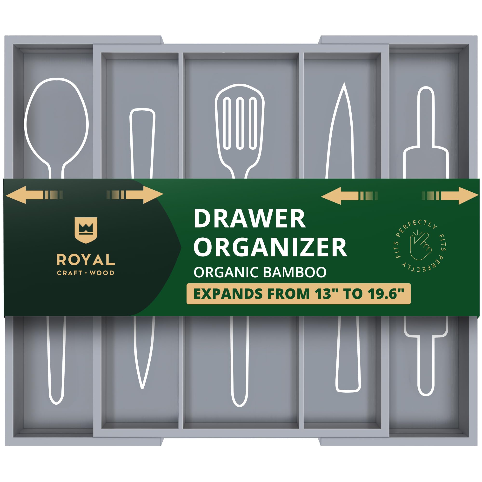 ROYAL CRAFT WOOD Luxury Bamboo Kitchen Drawer Organizer - Silverware Organizer - Utensil Holder and Cutlery Tray with Grooved Drawer Dividers for Flatware and Kitchen Utensils (5 Slot, Gray)