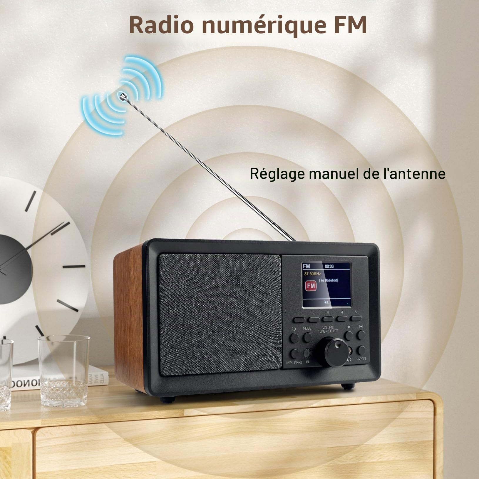 Radio Dab, Dab Plus Numérique Rechargeable avec Bluetooth 5.0, FM Vintage Radio Cuisine ave ctelecommande écran LCD Couleur 2.4, Connexion MicroSD/TF/AUX，RéveilDouble, Minuterie de Veille bois