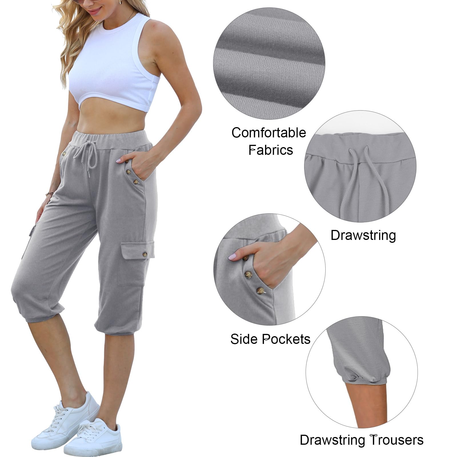 TOMEEK Pantalones Pirata para Mujer de Verano Pantalones Mujer 3/4 Sueltos con Cuatro Bolsillos Pantalones Deportivos Pantalones de Chándal de Yoga Jogger Fitness