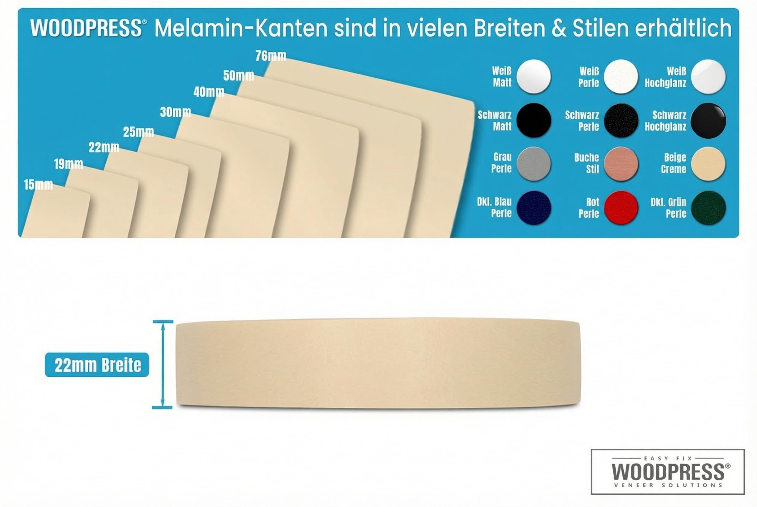 22mm Perlbeige Melamin Kantenumleimer mit Schmelzkleber – 7,5m Rolle – Einfaches Aufbügeln für Heimwerker