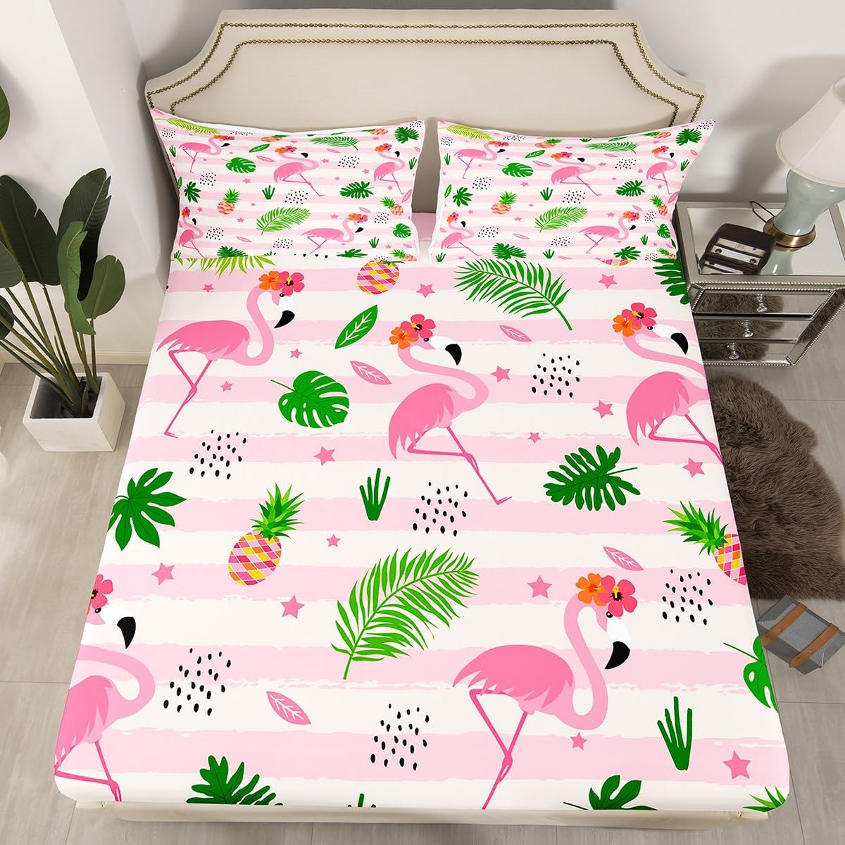 Feelyou Pink Flamingo Bed Sheet Set Full Size, Tropical Flamingo Fitted Sheet Flamingo Bedding Set Plam Leaves Bed Cover with 2 Pillow Case (No Flat Sheet)