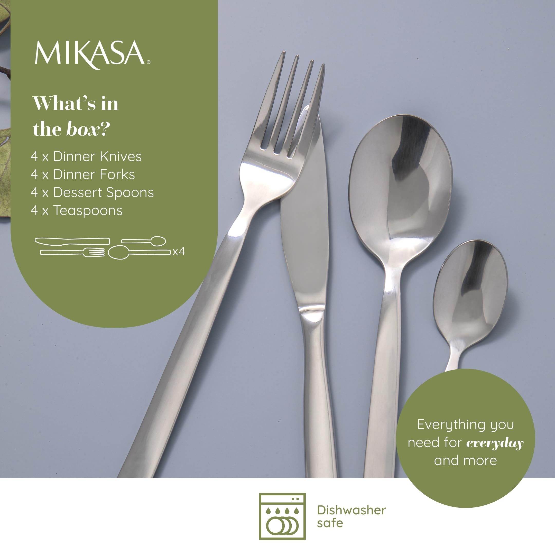 Mikasa Beaumont 16-delige roestvrijstalen bestekset, zilveren bestekset voor 4 personen, inclusief 4x messen, 4x vorken, 4x dessertlepels en 4x theelepels - vaatwasmachinebestendig