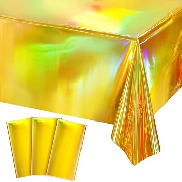 3 Pack Gold Plastic Tablecloths Shiny Disposable Laser Rectangle Table Covers for Party Decoration Birthday Bridal Wedding Christmas 54" x 108"