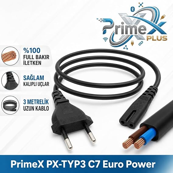 PrimeX PX-TYP3 3 Metre Teyip power Kablo, Teyip kablo 3 metre, 3 Metre TV Power kablo, 3 metre ikili power kablo