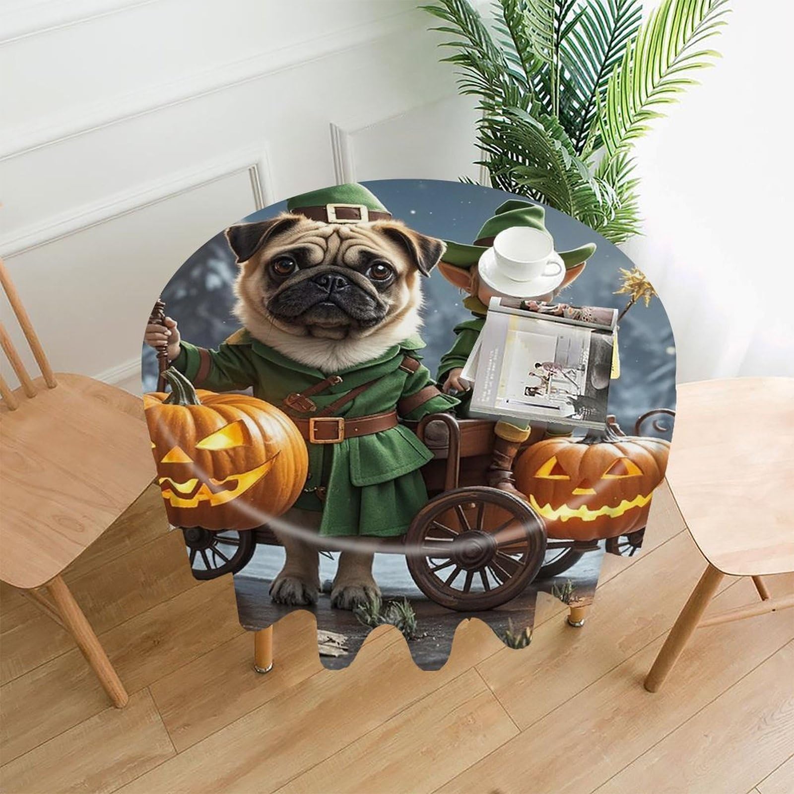 FekiLoot Dog Holding Pumpkin Lantern Round Tablecloth Cover 60 Inch Wrinkle Free Washable Polyester Fabric Table Cover Decorative Round Table Cloth for Home Dining Kitchen Party Farmhouse