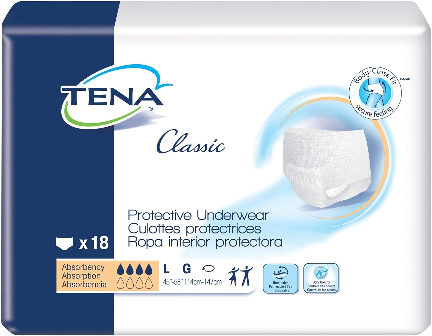 Tena Classic Protective Underwear, Incontinence, Disposable, Moderate Absorbency, Large, 72 Count