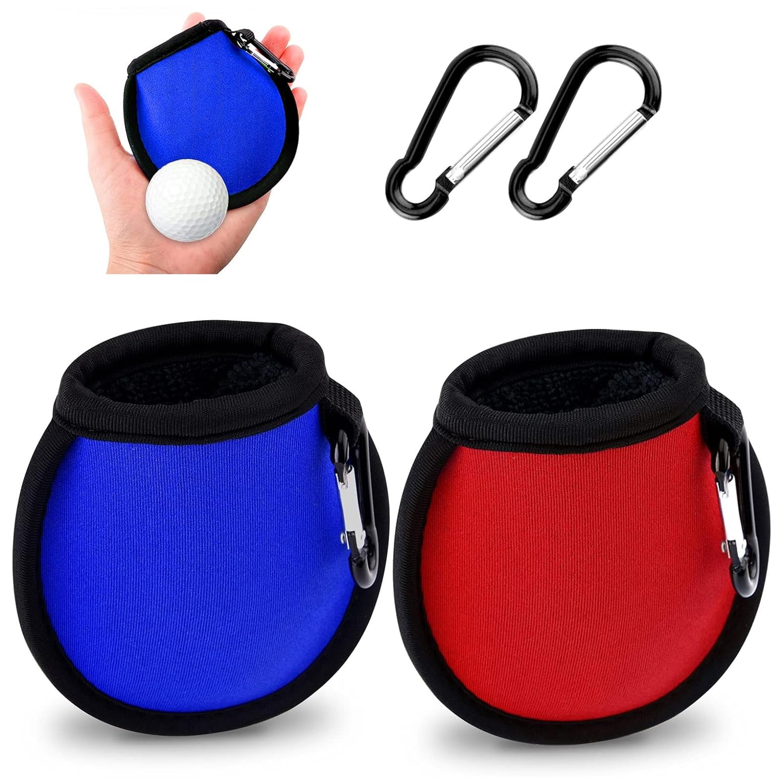 FUZVOL 2 PCS Golf Ball Cleaner Pouch Waterproof Golf Accesorries Washer Pocket with Carabiner Golf Ball Cleaner Bag Accesorries Golf Ball Dry-Clean Pocket Golf Gifts for Men(Blue+Red)