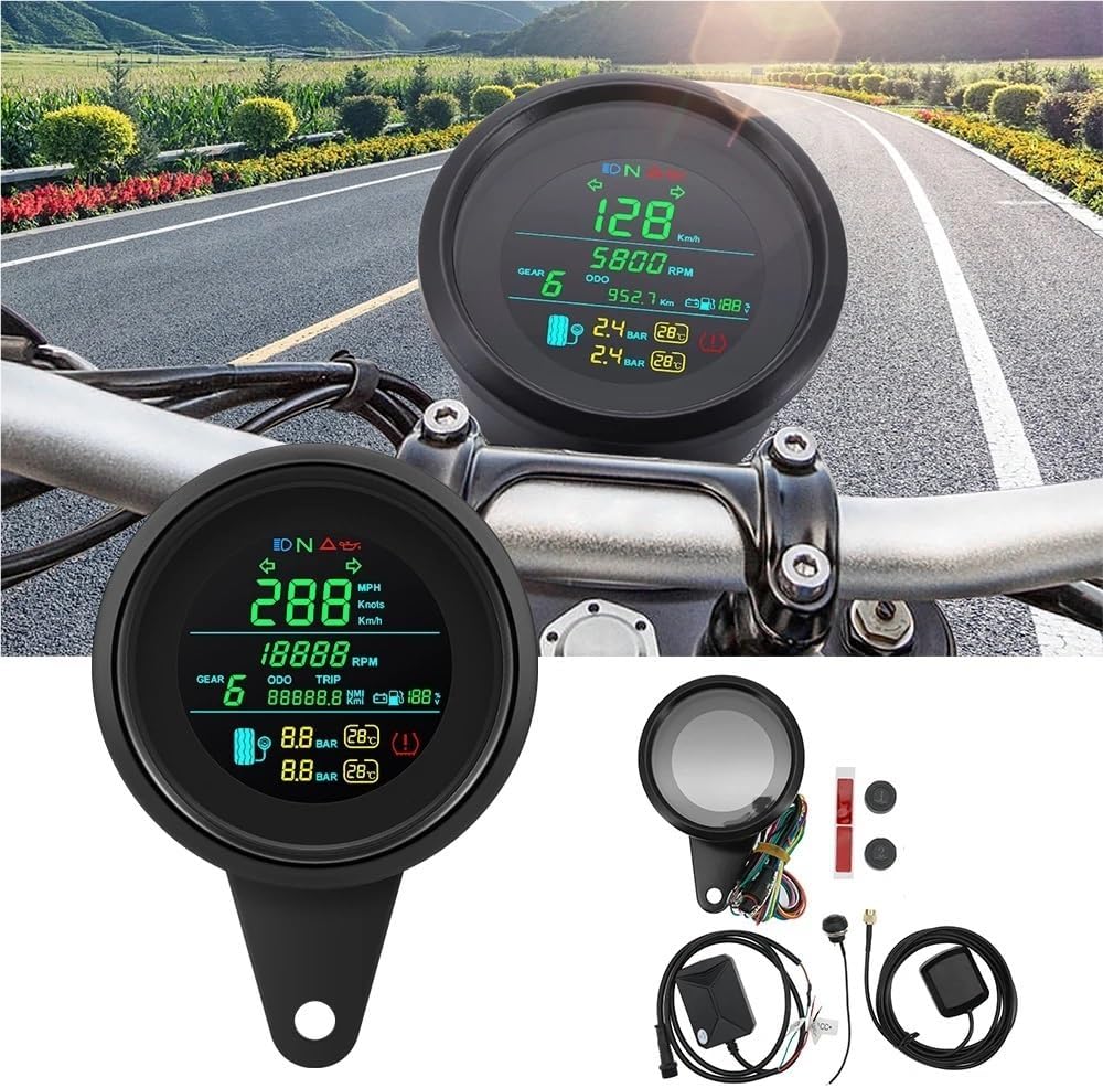 Motorcycle Odometer Gauge Motorcycle Speed Meter Round Digital Dashboard with Green LED Tachometer MPH Km/h RPM Mileage Odometer Display 12V