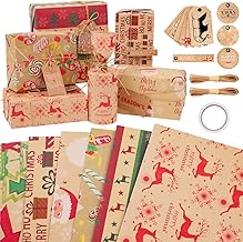 Niviy Carta Regalo Natale 6 fogli 19 Pezzi Include Etichette e Spago,Carta da Regalo Natalizio Kraft Vintage Carta da Regalo per Natale 70X50CM