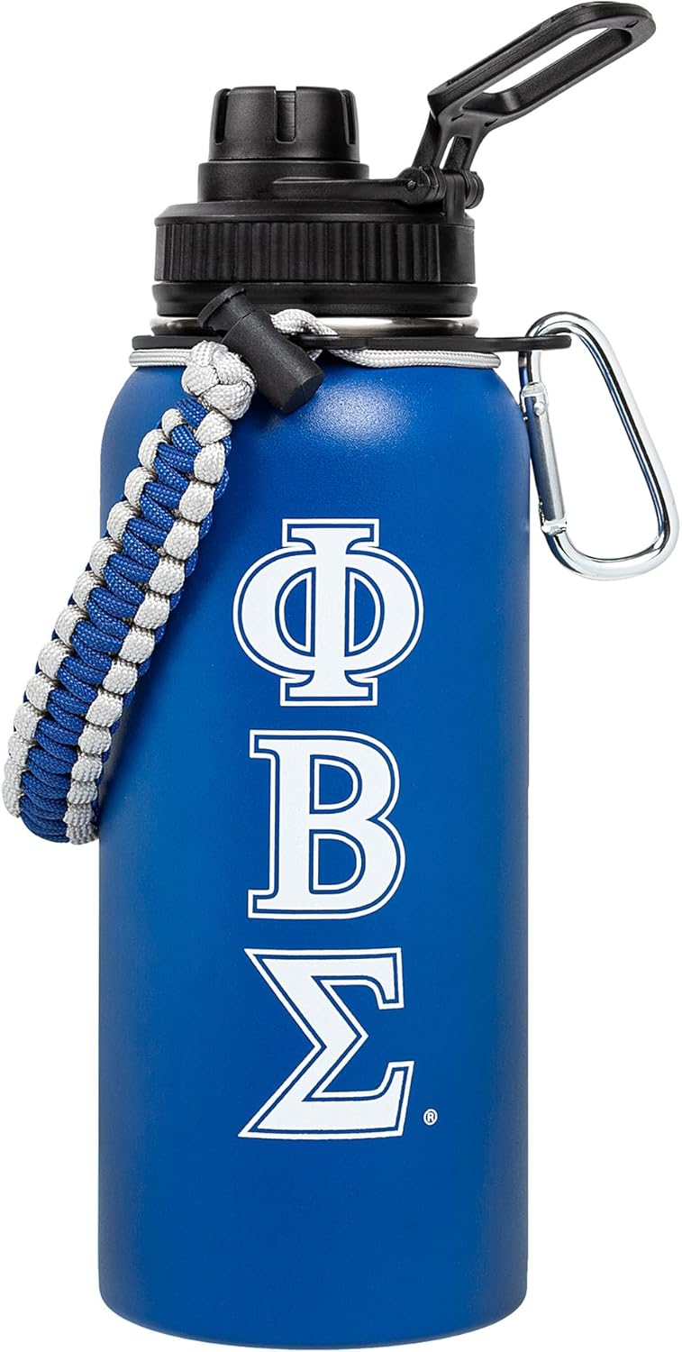 BBGreek Phi Beta Sigma Paraphernalia – Official Vendor – 32oz Rugged Tumbler with Paracord Carabiner - Greek Letters
