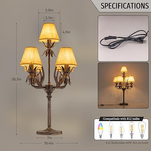 Miniatura 2 de Wellmet Lámpara de mesa vintage de bronce, lámpara de mesa francesa de granja, 5 luces, luz de mesa rústica, para sala de estar, dormitorio,