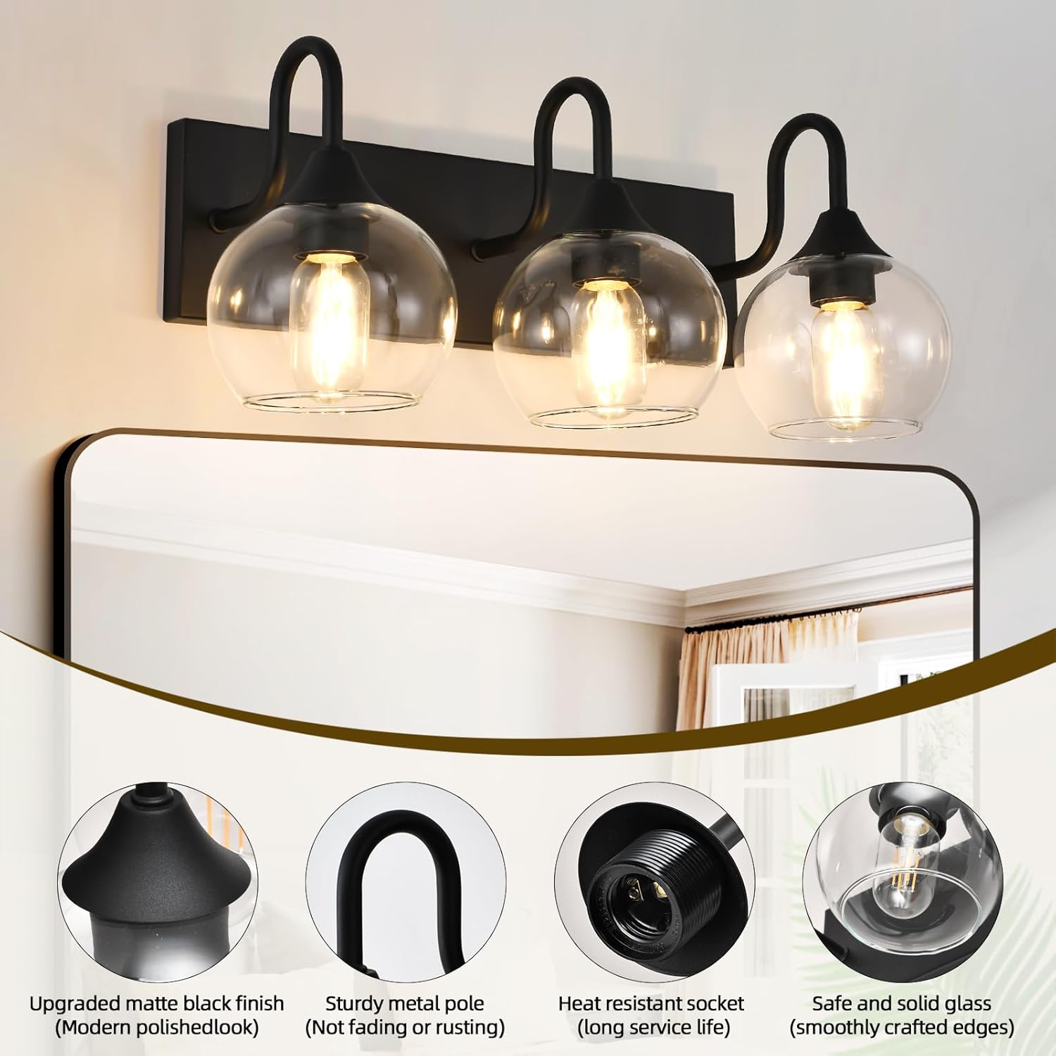 Bathroom Light Fixtures, 3-Light Matte Black Vanity Light Over Mirror, Modern Wall Sconces 21" with Clear Glass Globe Shade, Bathroom Wall Lights for Mirror Kitchen Bedroom Hallway