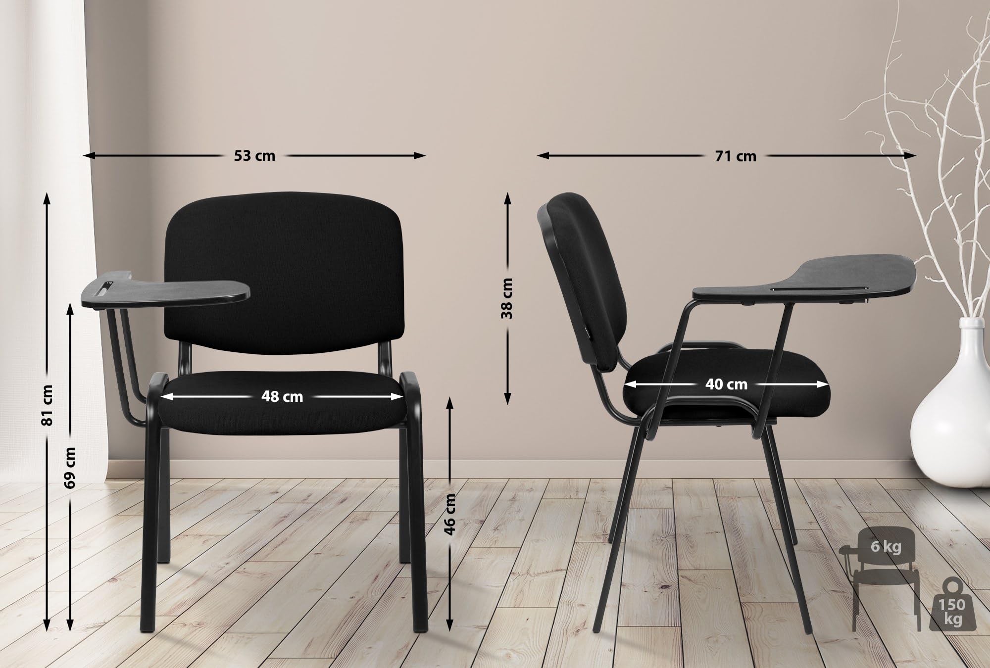 CLP Chaise Ken XL avec Tablette Rabattable I Tissu I Chaise de conférence Jusqu'à 150 KG de Charge, Couleur:Noir