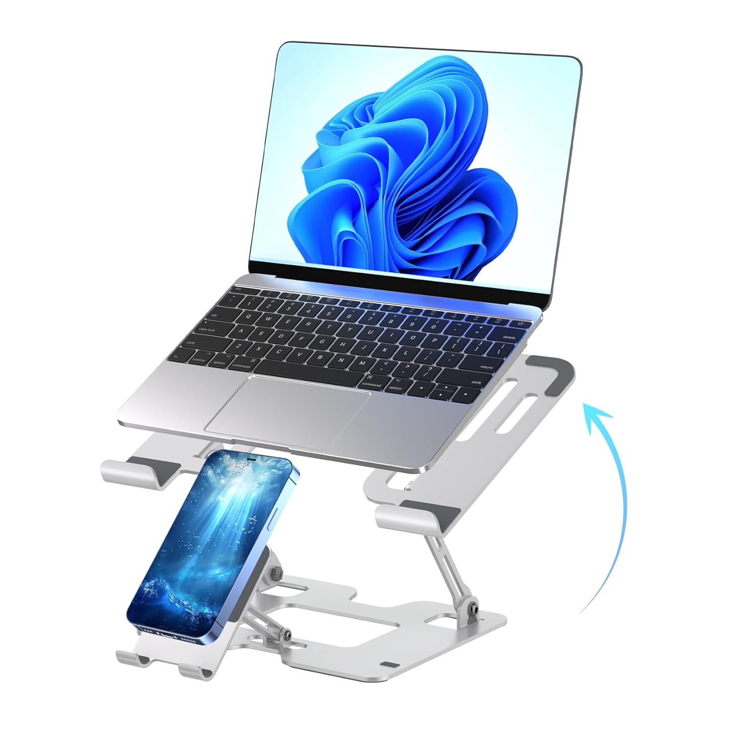 Ergonomic 2-in-1 Laptop Phone Stand for Desk Adjustable Riser Sturdy and Portable Fits All Laptops and Phone White
