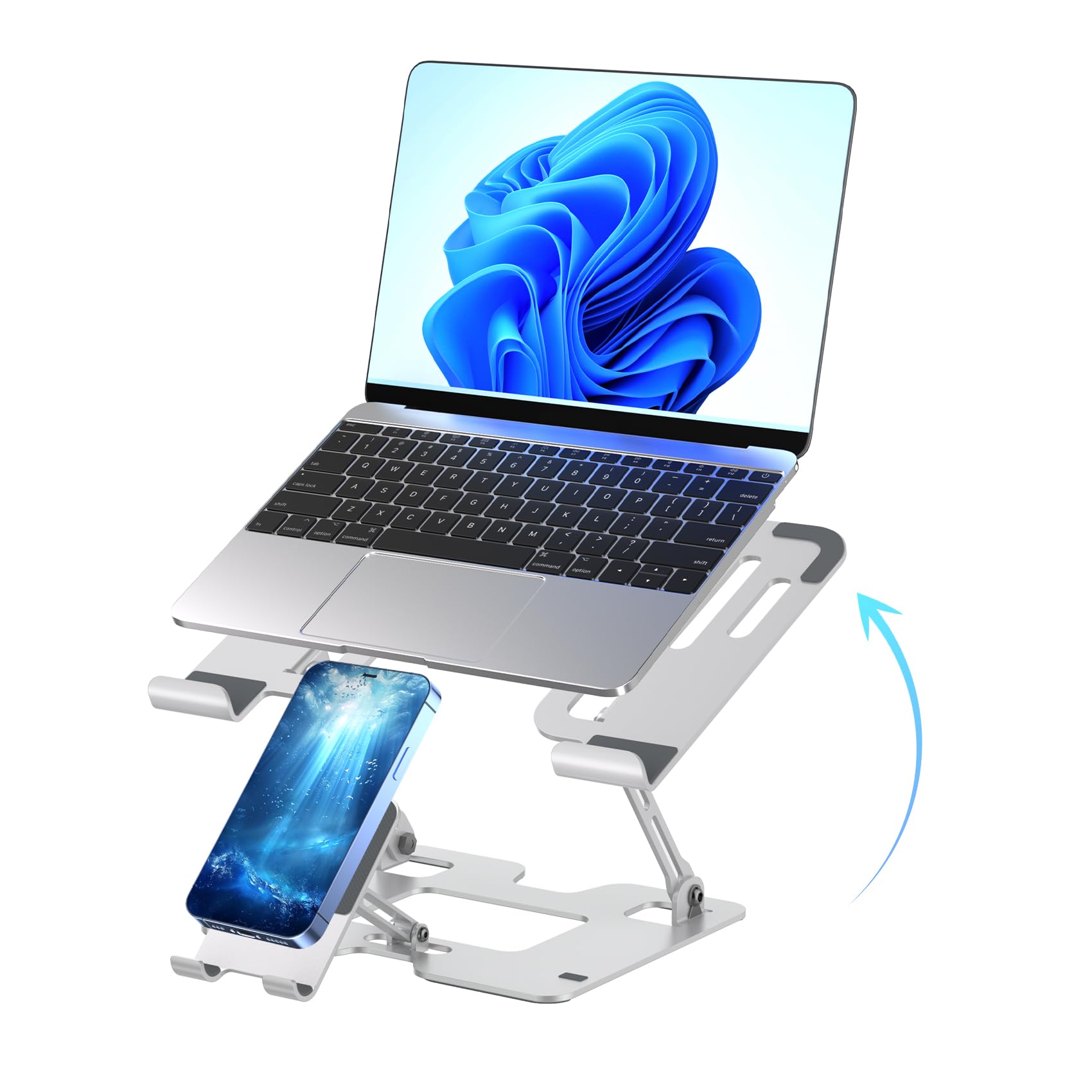 Ergonomic 2-in-1 Laptop Phone Stand for Desk Adjustable Riser Sturdy and Portable Fits All Laptops and Phone White