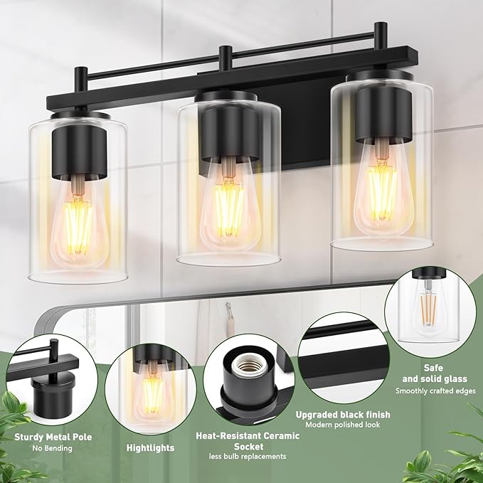 LWSOY 3-Lights Bathroom Light Fixtures, Black Vanity Wall Mounted Lamps, with Clear Glass Shade Modern Matte Wall Sconce Lighting Bathroom Light, for Mirror Bedroom Hallway photo 3