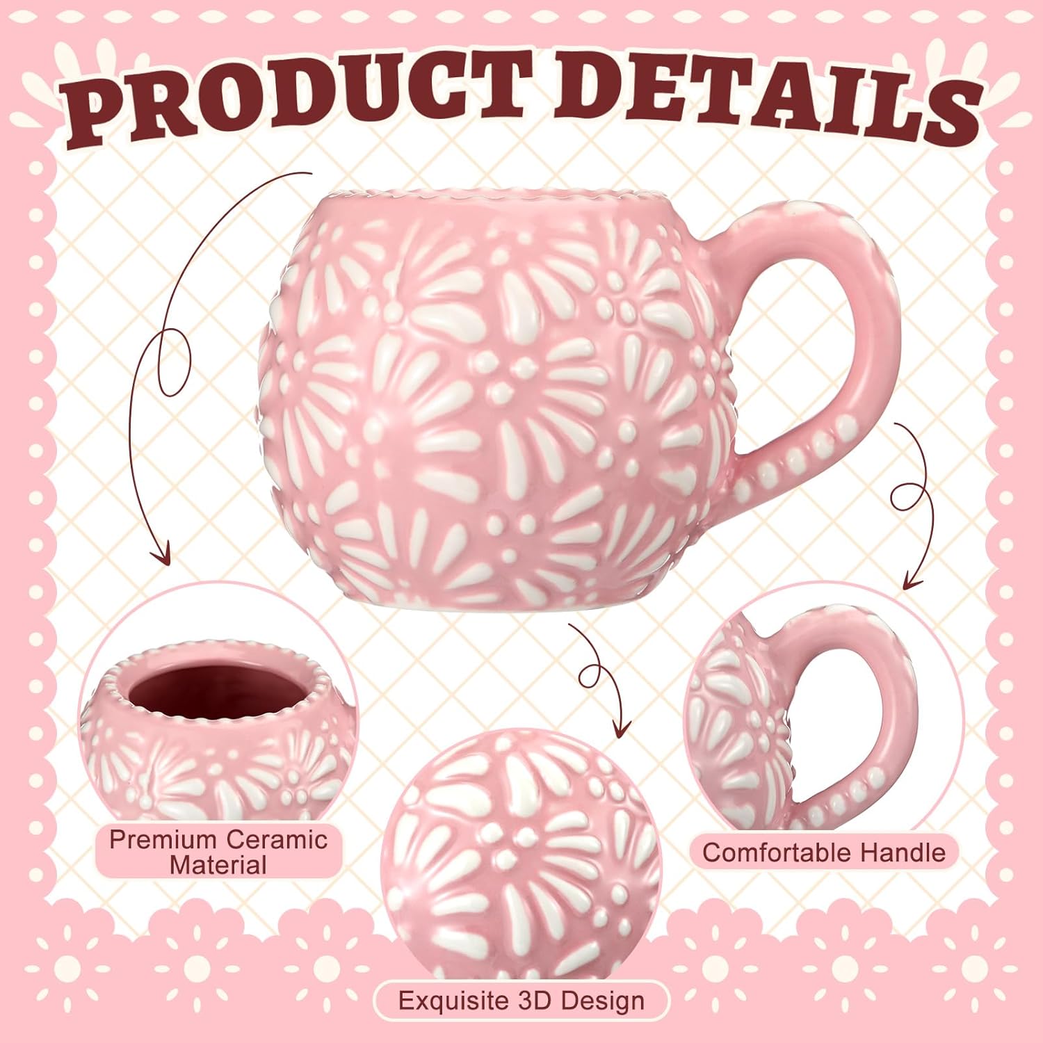 2 Pack Mexican Coffee Mugs Pink Talavera Design Ceramic Coffee Cups Mexican Pottery Mug for Drinking Coffee Hot Chocolate Champurrado Café De Olla Atole Birthday Parties Gifts 12oz